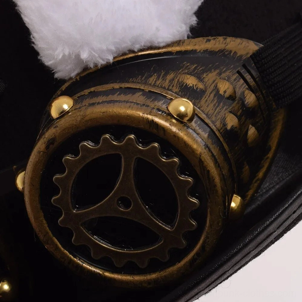 Vintage-style brass steampunk goggles with intricate rivet details, matte black base, and authentic industrial aesthetic included with bunny ear top hat