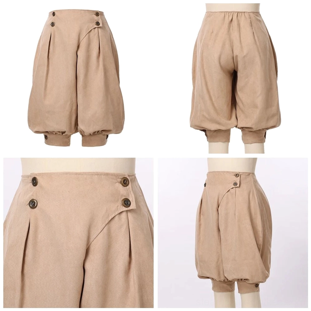 Women's steampunk medieval pirate breeches mannequin display showing asymmetrical button closure, pleated design details, khaki color, studio front view