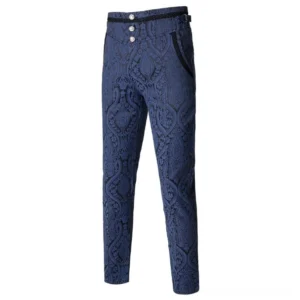 Steampunk pants three-quarter view showing side adjustable buckle strap and paisley jacquard pattern
