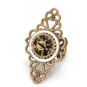 Steampunk bronze filigree vintage ring with mechanical gear center decoration, mixed metal tones, adjustable unisex industrial statement jewelry