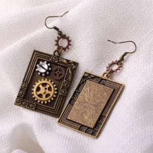 Bronze antique steampunk square drop earrings close-up showing embossed frame, mechanical gear accents and engraved back plate detail