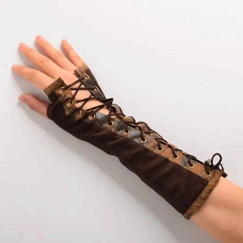 Brown steampunk fingerless arm gloves with lace-up front closure and vintage brown trim displayed on left hand against white studio background