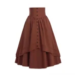 Steampunk high-waisted brown layered midi skirt front view with button placket and asymmetrical tiered hem