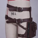 Brown steampunk leather thigh holster bag with dual adjustable waist and leg straps, silver metal hardware, and zippered main pouch on dress form front view