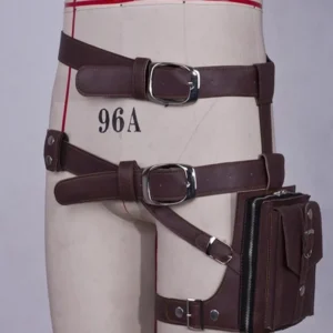 Brown steampunk leather thigh holster bag with dual adjustable waist and leg straps, silver metal hardware, and zippered main pouch on dress form front view
