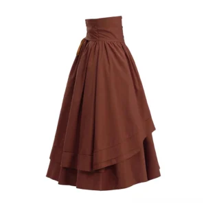 Victorian steampunk brown skirt side view showing layered ruffled hem and high waist corset design