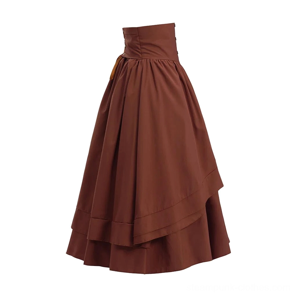 Victorian steampunk brown skirt side view showing layered ruffled hem and high waist corset design