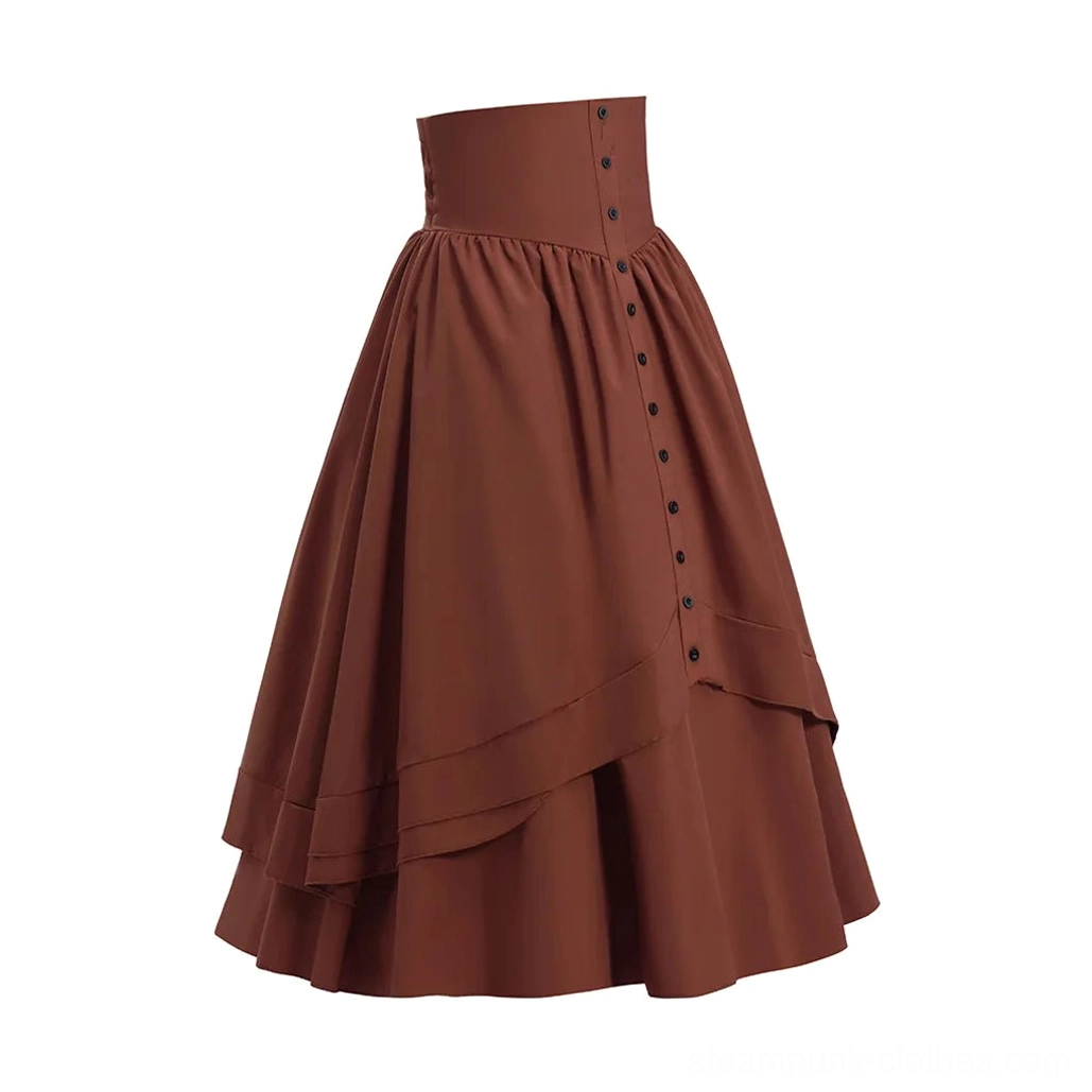 Alternative fashion steampunk brown skirt three-quarter angle view with flowy woven fabric and side button closure