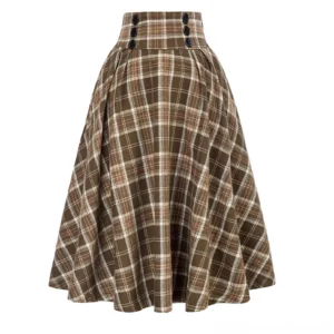 Victorian steampunk brown tartan midi skirt high-waisted A-line silhouette with black button trim front view