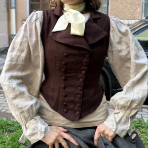 Dark brown steampunk double-breasted womens waistcoat vest with notched lapel and round buttons, Victorian-inspired tailored fit