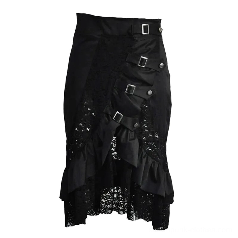 Steampunk buckle front skirt flat lay showing diagonal buckle strap system and lace inserts, black fabric construction