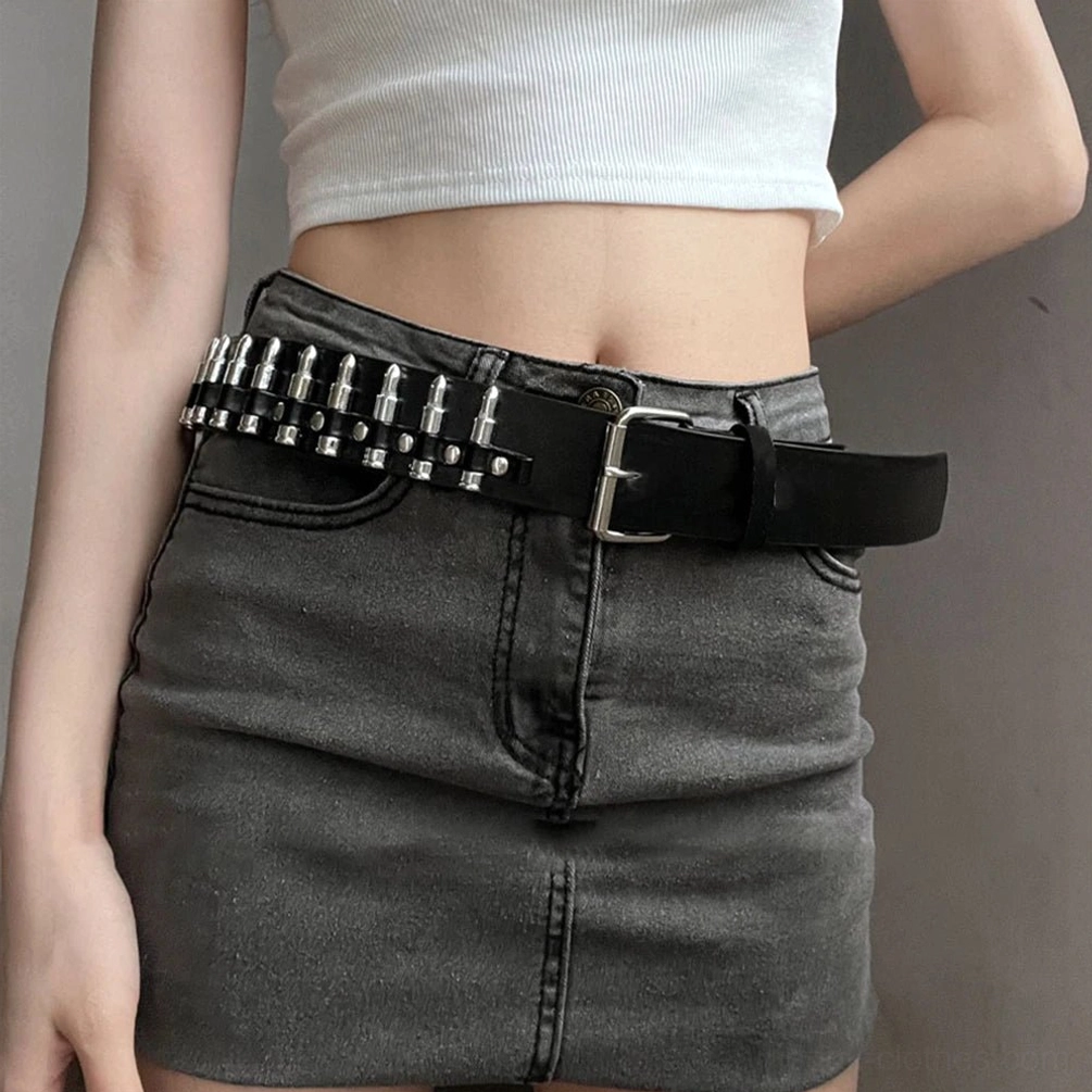Rear view of adjustable steampunk bullet stud belt showing neatly arranged silver metal studs on black leather strap, side waist close-up emphasizing hand-applied stud craftsmanship