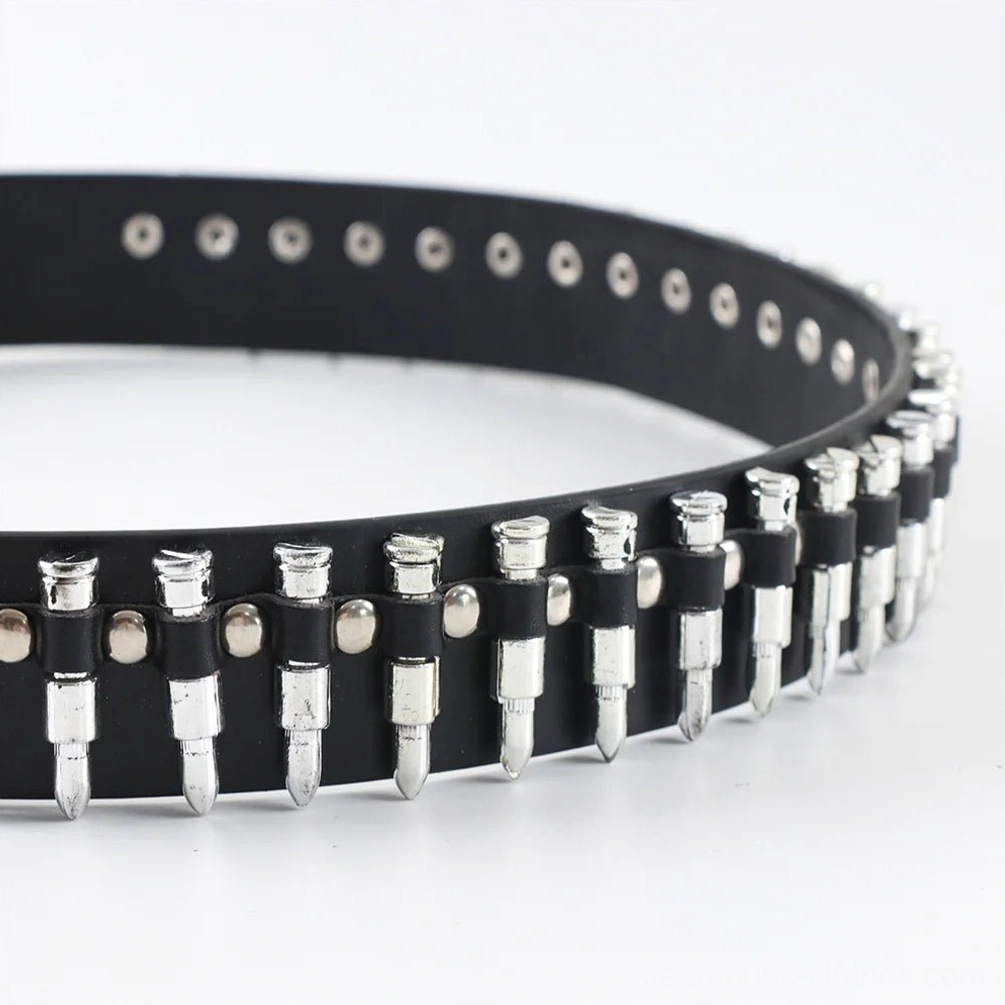 Flat lay product shot of steampunk bullet stud belt on white background, displaying adjustable belt holes, square metal buckle detail, and full geometric stud arrangement pattern