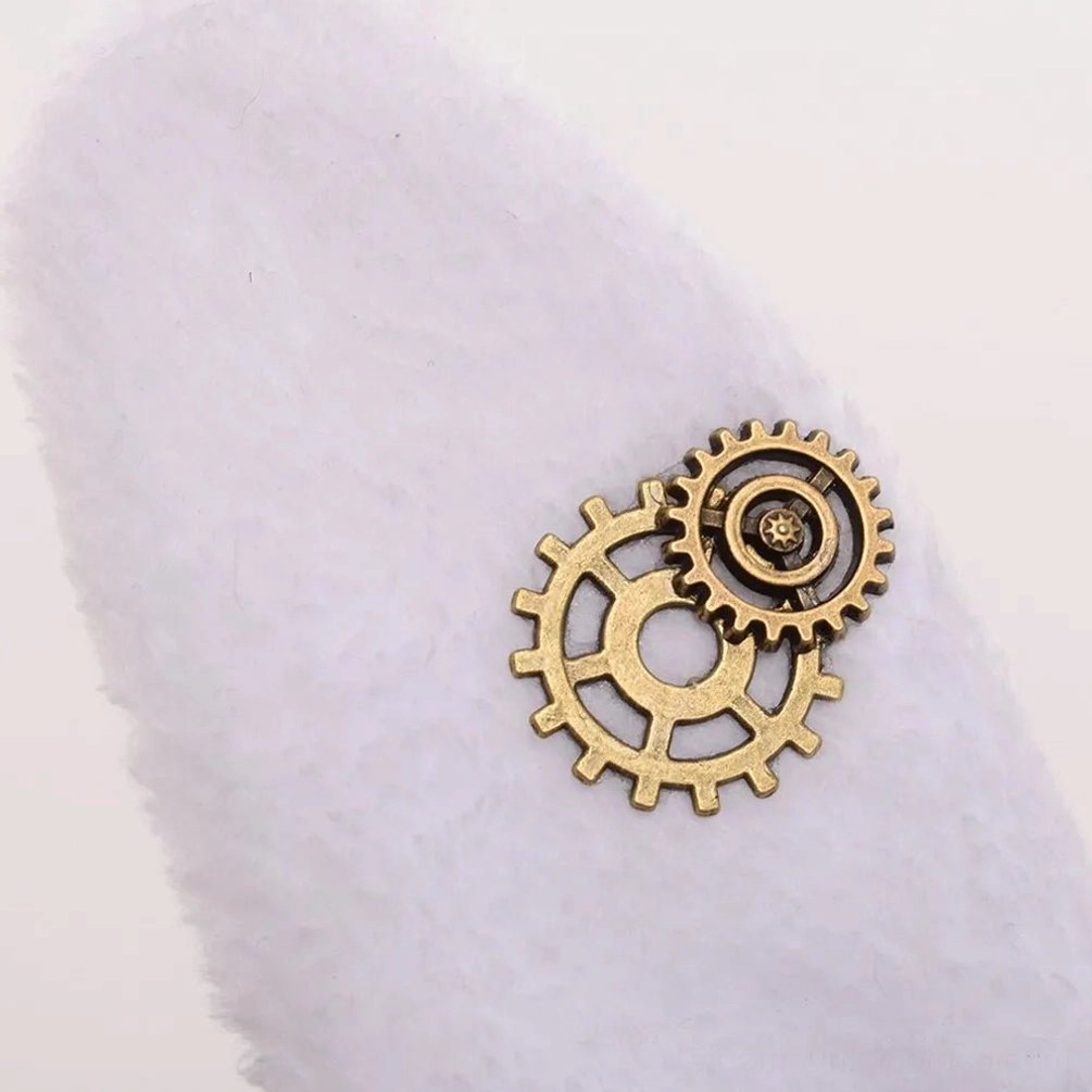 Close-up detail of plush white rabbit ears featuring fluffy premium fabric texture and brass gear trinket accents typical of steampunk design