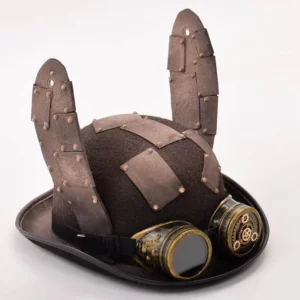 Steampunk bunny ears bowler hat with riveted metal ears and brass gear goggles front three-quarter view on white background