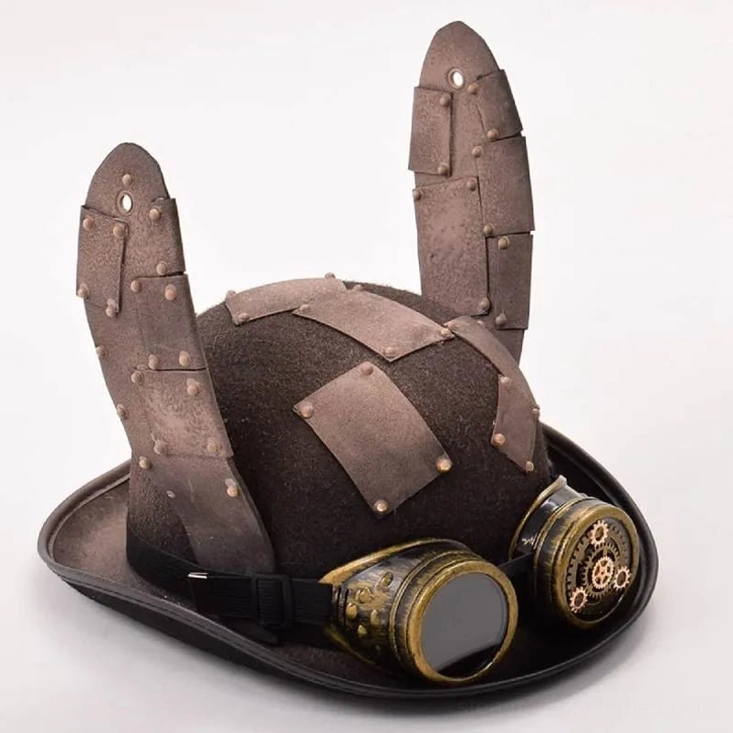 Steampunk bunny ears bowler hat with riveted metal ears and brass gear goggles front three-quarter view on white background