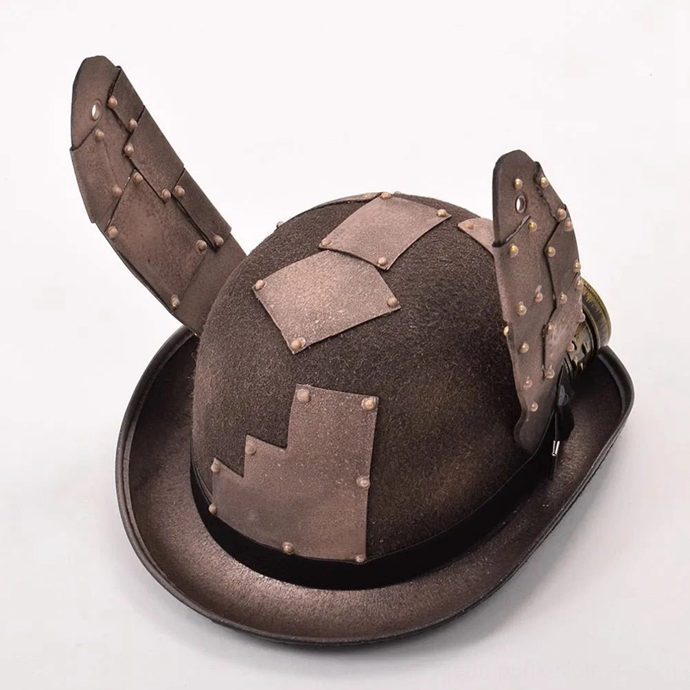 Steampunk bunny ears bowler hat back view showing rear riveted metal ears and patchwork leather crown accents