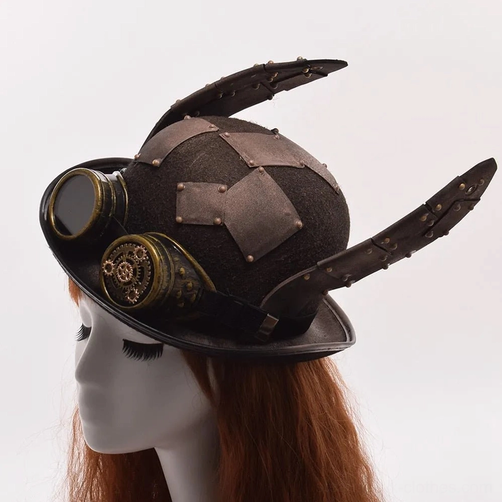 Steampunk bunny ears hat left side profile on mannequin showcasing asymmetrical riveted metal ears and mounted goggles
