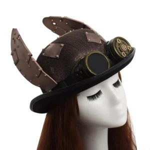 Steampunk bunny ears hat worn on mannequin showing right side profile with mounted bronze goggles and patchwork leather details