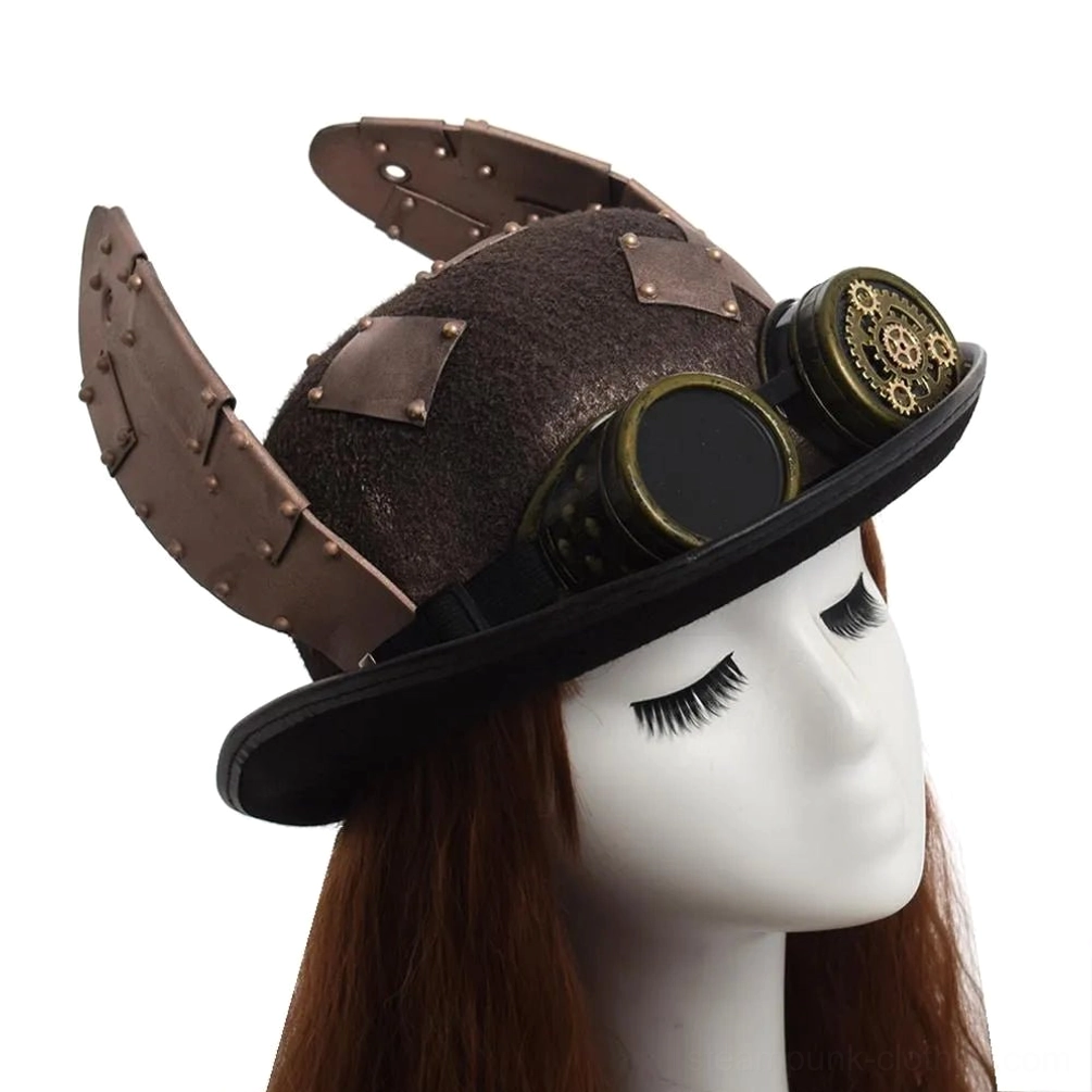 Steampunk bunny ears hat worn on mannequin showing right side profile with mounted bronze goggles and patchwork leather details