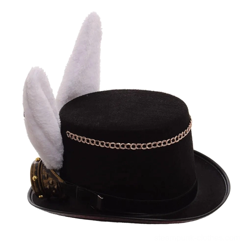 Steampunk bunny ear top hat back view highlighting adjustable black strap, metal side chain embellishments, and brass goggle attachment points