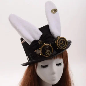 Steampunk bunny ear top hat front view on female mannequin featuring black felt, white plush rabbit ears, brass gears, and vintage-style goggles with black bow accent