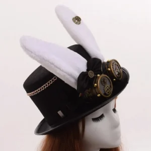Steampunk bunny ear top hat side profile view showcasing metal chain detailing, brass ear accents, and industrial steampunk design elements