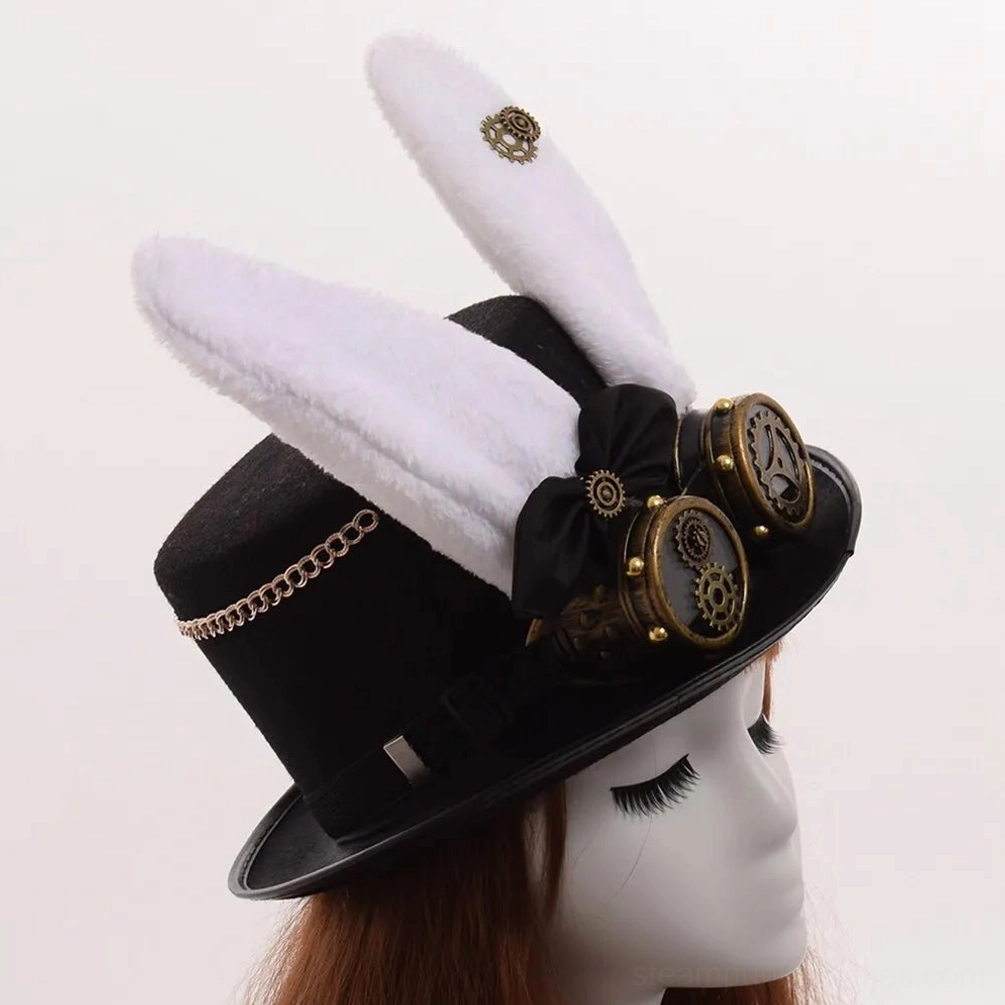 Steampunk bunny ear top hat side profile view showcasing metal chain detailing, brass ear accents, and industrial steampunk design elements