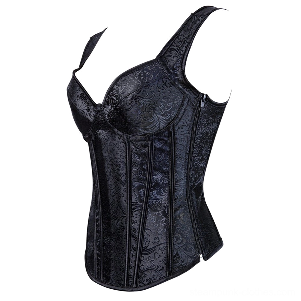 Black steampunk bustier corset with wide single strap and curved hem, right side profile view showing construction details