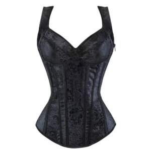 Black steampunk bustier corset with sweetheart neckline and side zipper closure, front flat lay view showing boned waist structure