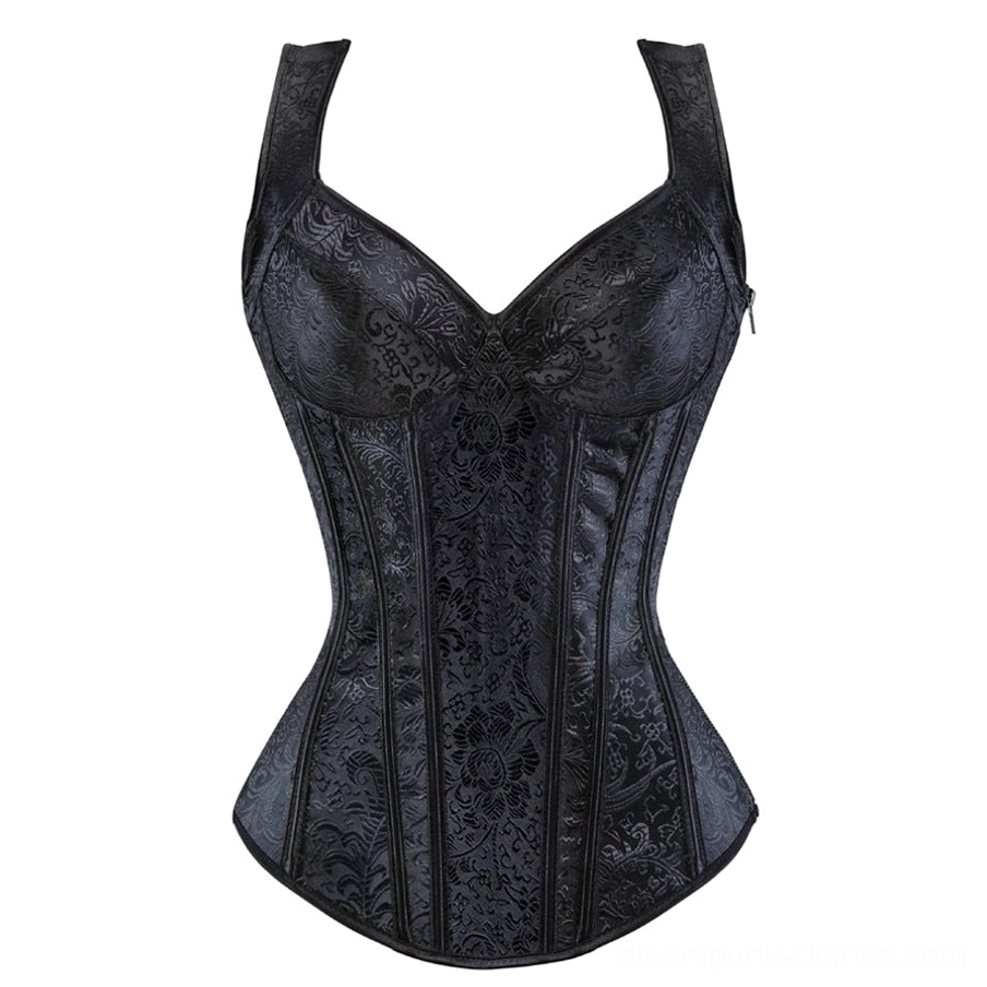 Black steampunk bustier corset with sweetheart neckline and side zipper closure, front flat lay view showing boned waist structure