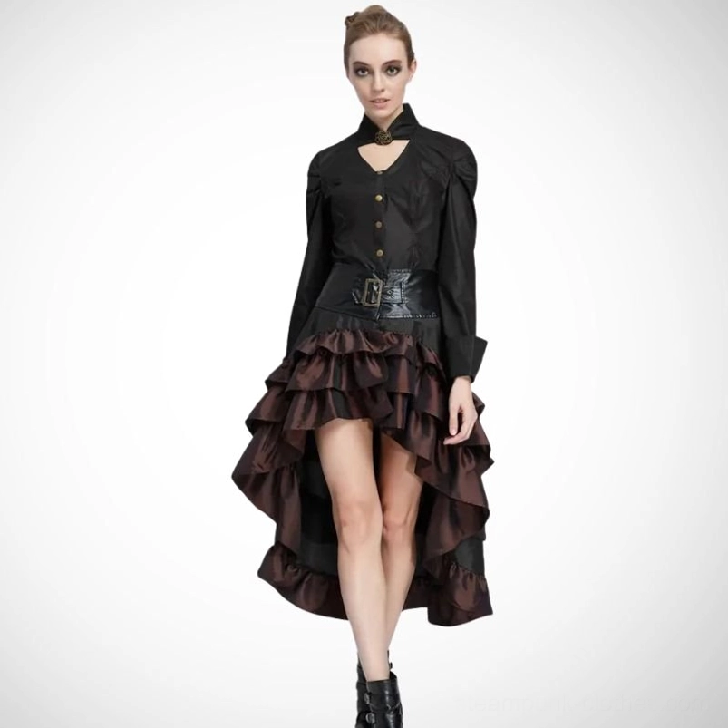 Full body front view of steampunk high-low bustle skirt worn with black vintage button-up blouse on female model against white studio background