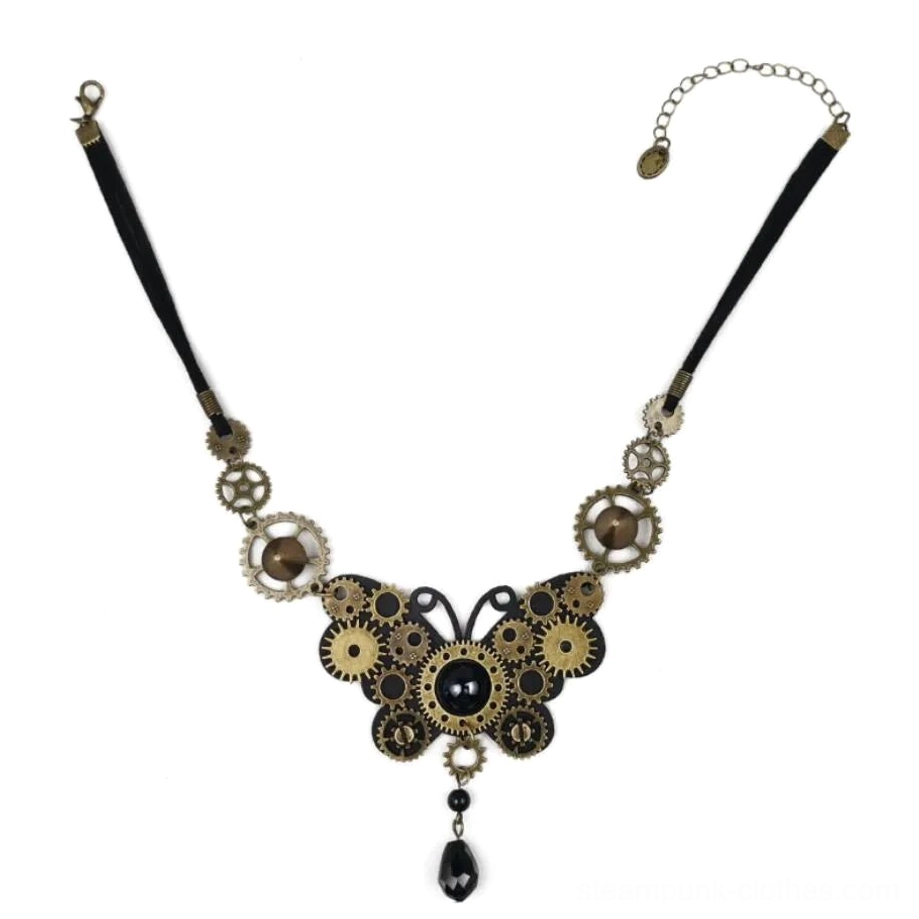 Steampunk butterfly choker necklace flat lay display showing black leather band with vintage brass gears, aged bronze accents, and black teardrop pendant with 10cm extension chain on white background