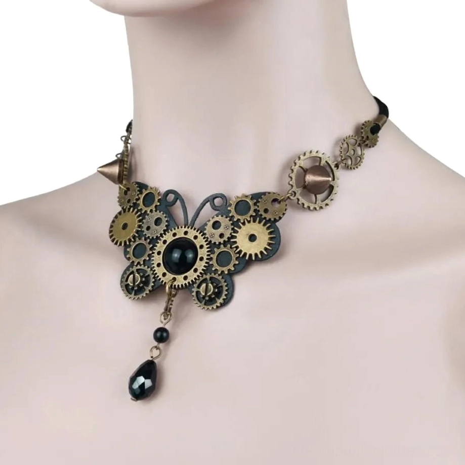 Steampunk butterfly choker side angle on mannequin displaying spiked collar accents, modified gear design elements, and teardrop pendant detail against neutral background