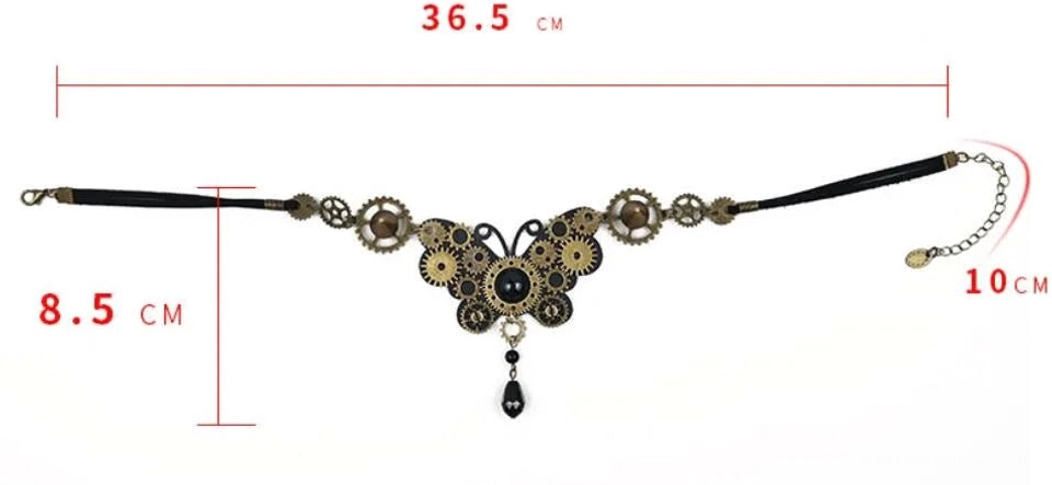 Steampunk choker size specification and measurement diagram showing total length 36.5cm, pendant drop 8.5cm, 10cm extender chain dimensions with labels