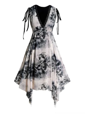 Steampunk gothic dress flat lay display showing ink-wash butterfly print, empire waistline, faux leather corset belt, and flowy mesh skirt silhouette