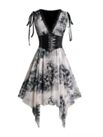 Butterfly steampunk gothic midi dress front full view with tie shoulder straps, plunge V-neckline, attached matte black faux leather corset, and asymmetrical handkerchief hem