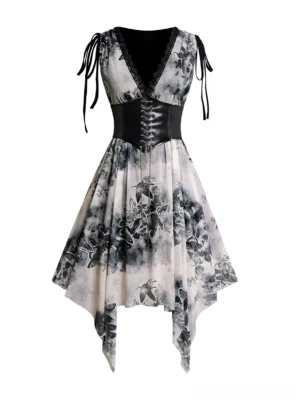 Butterfly steampunk gothic midi dress front full view with tie shoulder straps, plunge V-neckline, attached matte black faux leather corset, and asymmetrical handkerchief hem