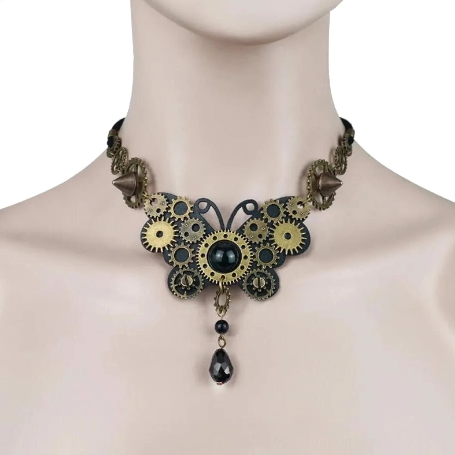 Steampunk gear butterfly choker worn on female mannequin bust front view showcasing aged bronze mechanical design with central black bead and dangling teardrop charm pendant