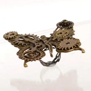 Steampunk butterfly gear ring with hollowed mechanical wing structure, bronze vintage metal close-up side view