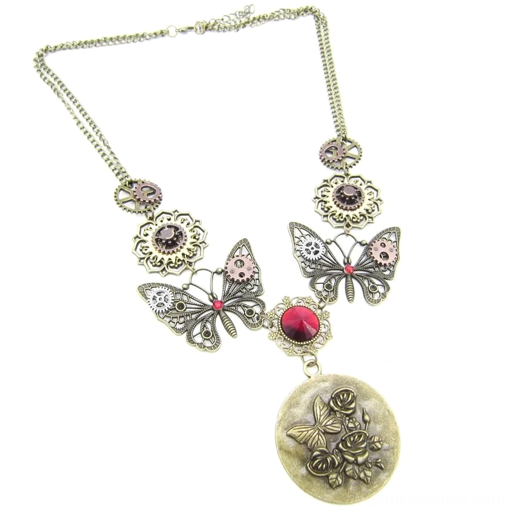 Vintage steampunk butterfly necklace with gear embellishments and bronze metal texture, hanging display from side angle on white background