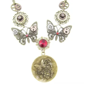 Steampunk butterfly necklace with carved rose pendant featuring gears and red crystal accent, displayed flat on white background with vintage bronze finish