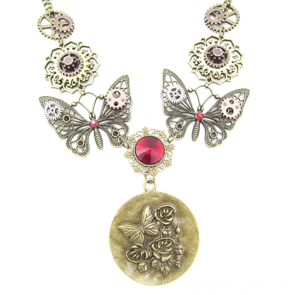 Steampunk butterfly necklace with carved rose pendant featuring gears and red crystal accent, displayed flat on white background with vintage bronze finish