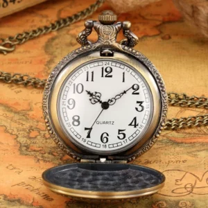 Open steampunk butterfly pocket watch revealing Arabic numeral dial and quartz movement mechanism in ornate bronze case