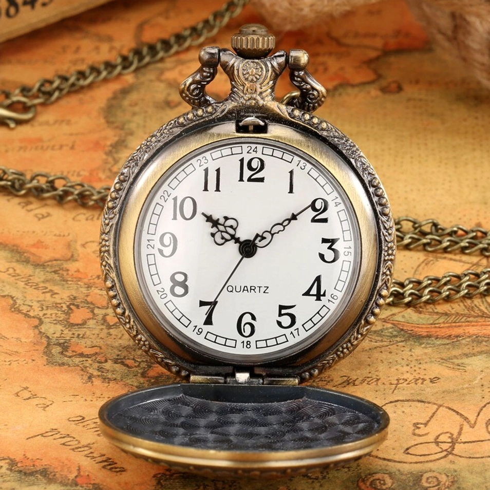 Open steampunk butterfly pocket watch revealing Arabic numeral dial and quartz movement mechanism in ornate bronze case