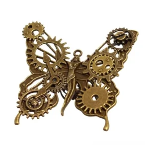 Steampunk butterfly decorative ring flat view showing intricate clock hand and gear design details