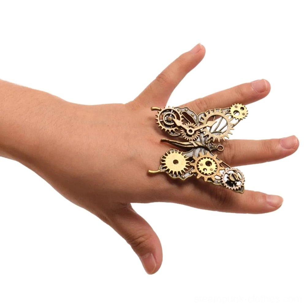 Steampunk dual butterfly finger rings worn on hand, mixed bronze and silver tones side view