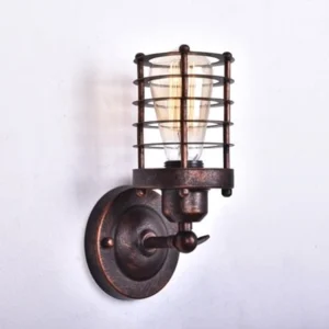 Steampunk cage wall lamp left side view with rustic bronze metal finish and horizontal metal guard frame on white wall