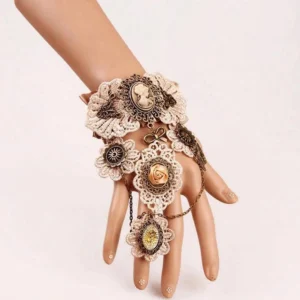 Steampunk hand accessories featuring cream lace cameo gloves with vintage bronze filigree, three-quarter view displaying floral ornaments and finger jewelry chain