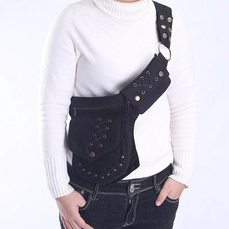 Steampunk canvas hip bag worn by model in casual alternative outfit, demonstrating crossbody and hip carry styling options